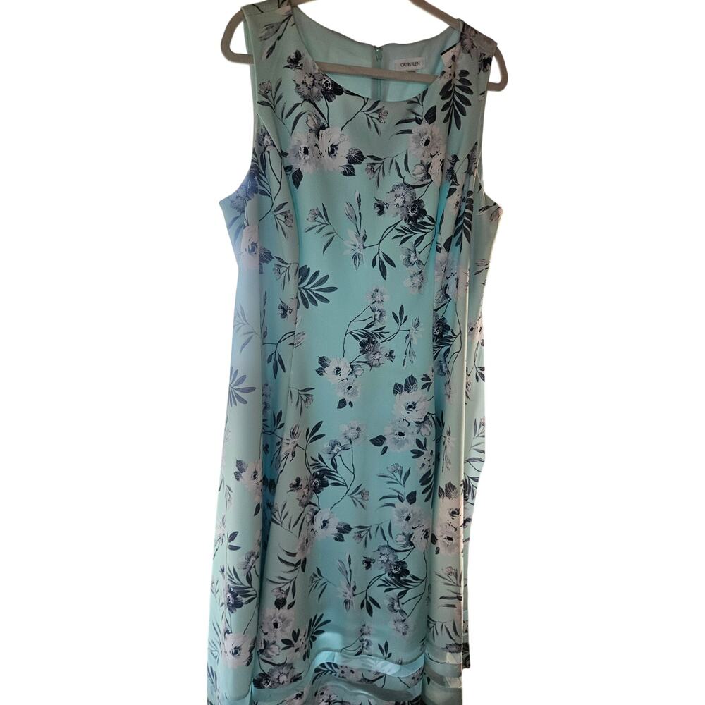 Calvin Klein Floral Aqua Blue Dress Sz 18 Fit Flare Fully lined Princess Seams - Picture 3 of 11